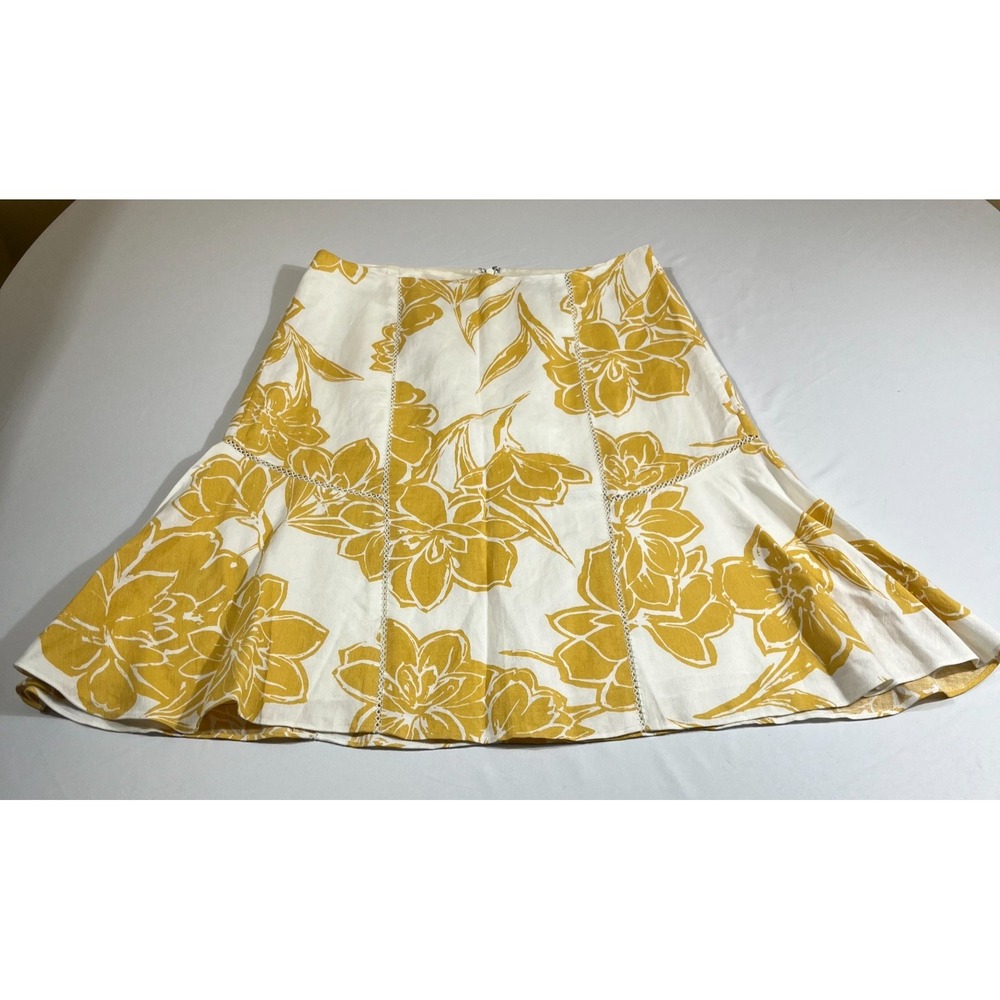 Ann Taylor Linen Blend Floral Midi Skirt Size 6 Yellow Boho Cottagecore Lined